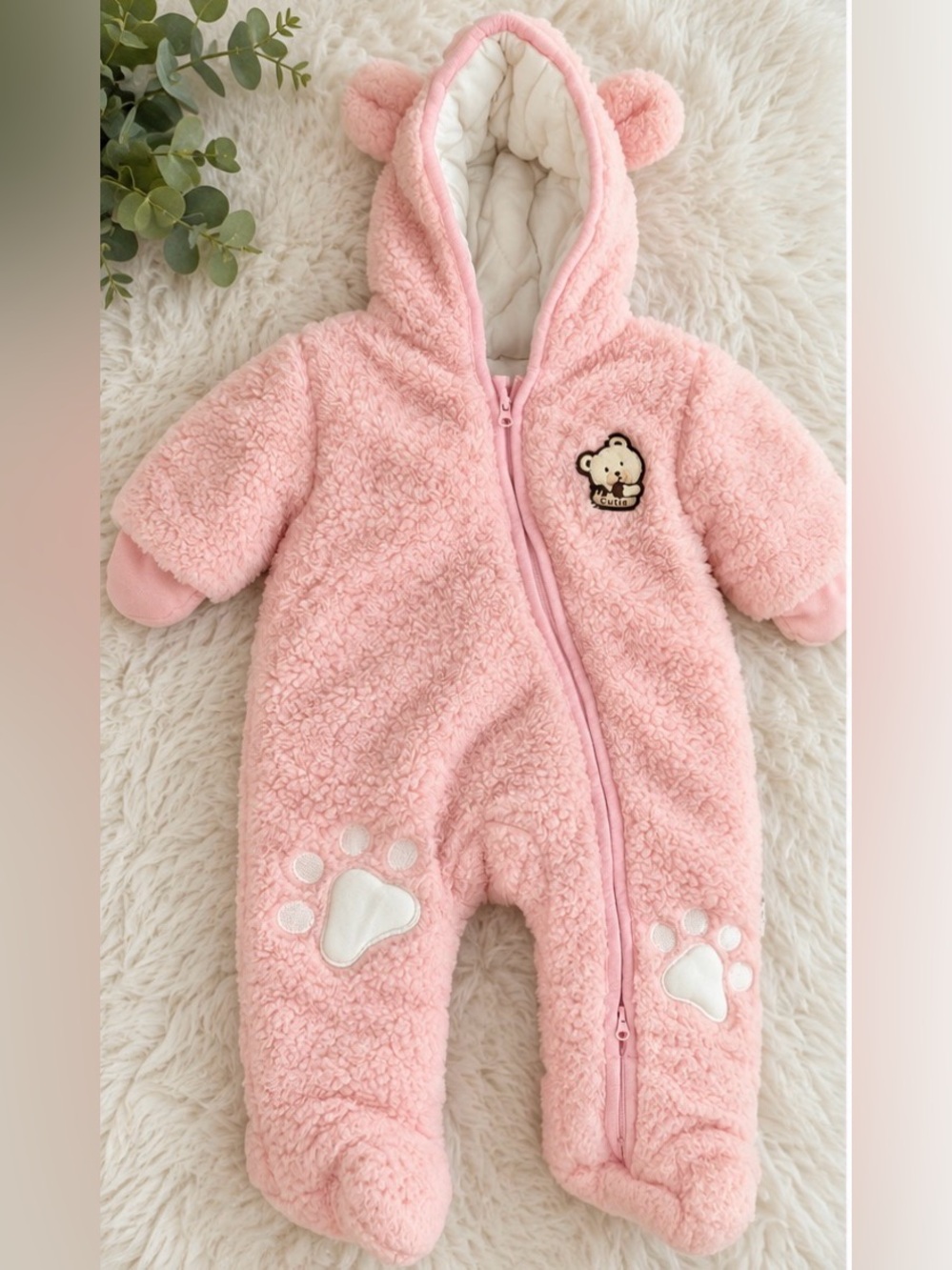NWOT Pink Sherpa Baby Bear Hooded Snowsuit 0-3M Footed Bunting Cozy Winter - Picture 2 of 13